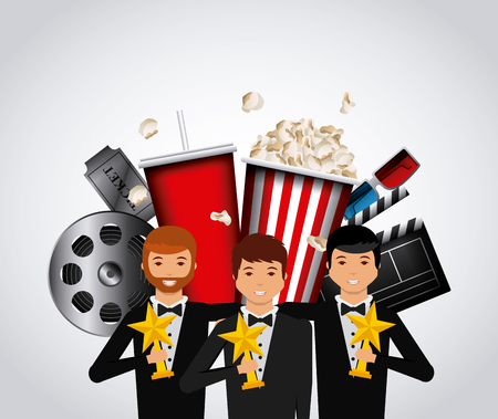 actors with golden trophies and cinema related icons over white background. colorful design. vector illustrationのイラスト素材