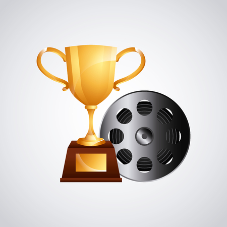 golden trophy and reel film tape icon over white background. colorful design. vector illustrationのイラスト素材