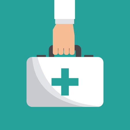 hand with first aid briefcase over turquoise background. colorful design. vector illustrationのイラスト素材