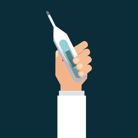 hand holding a thermometer over blue background. first aid concept. colorful design. vector illustrationのイラスト素材