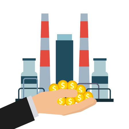 oil industry factory and hand holding golden coins over white background. colorful design. vector illustrationのイラスト素材
