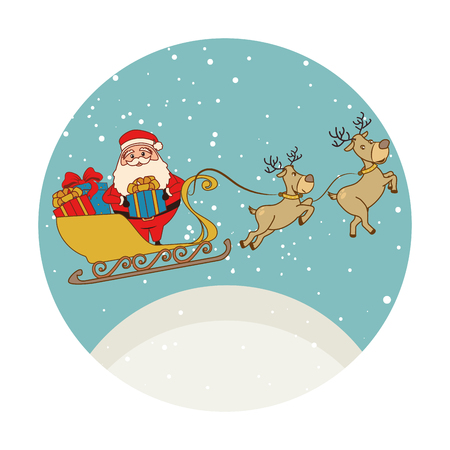 color circular shape with santa claus in sleigh with reindeers and presents vector illustrationのイラスト素材