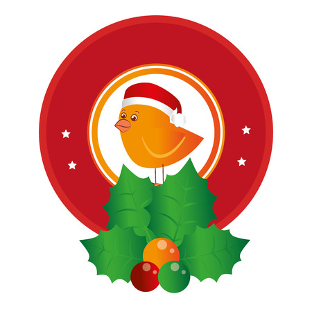 circular emblem of bird with christmas hat and holly leaves vector illustrationのイラスト素材