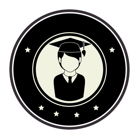 monochrome circular emblem with half body man with graduation outfit vector illustrationのイラスト素材