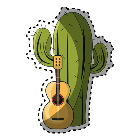 sticker cactus with thorns and acoustic guitar vector illustrationのイラスト素材