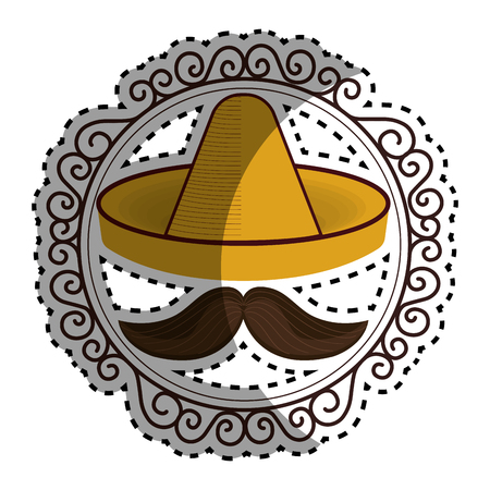 sticker vintage border with hat and moustache mexican culture vector illustrationのイラスト素材
