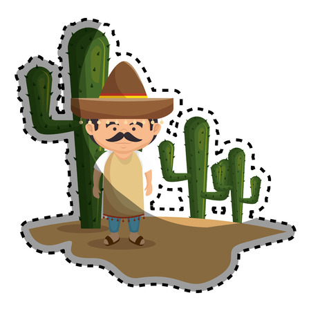 sticker background Cactus with man mexican vector illustrationのイラスト素材