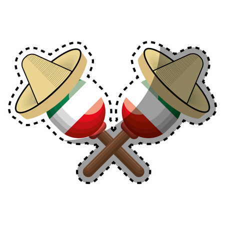 sticker pair mexican maraca instrument with traditional hat vector illustrationのイラスト素材