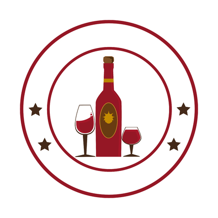 circular emblem with wine bottle and wine glasses vector illustrationのイラスト素材