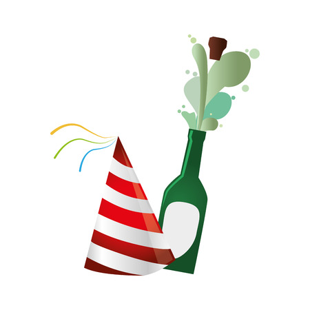 champagne bottle with cork expelled and party hat vector illustrationのイラスト素材