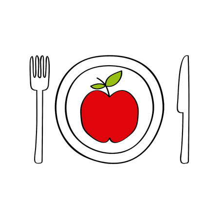 fork, knife and plate with apple over white background. colorful design. vector illustrationのイラスト素材