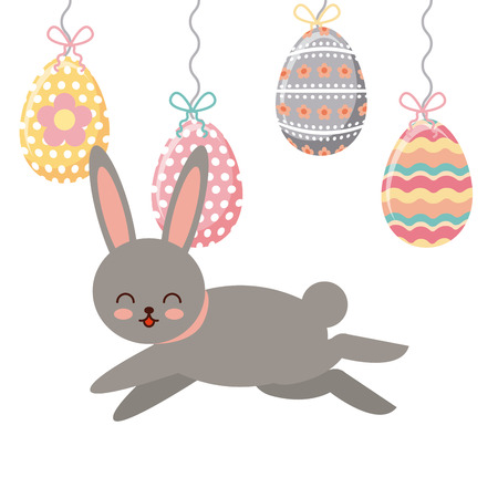 bunny and cute easter eggs hanging over white background. colorful design. vector illustrationのイラスト素材