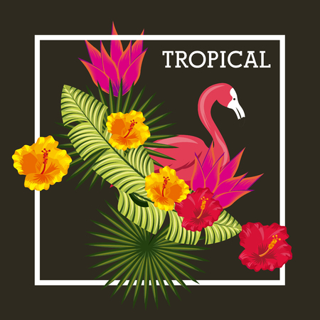 flamingo with tropical flowers and leaves over black background. colorful design. vector illustrationのイラスト素材