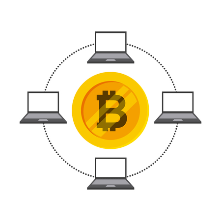 laptop computer around golden bitcoin icon over white background. vector illustrationのイラスト素材