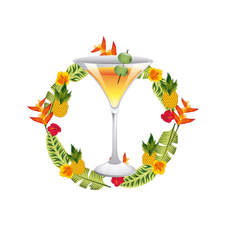 cocktail with tropical flowers and leaves over white background. colorful design. vector illustrationのイラスト素材
