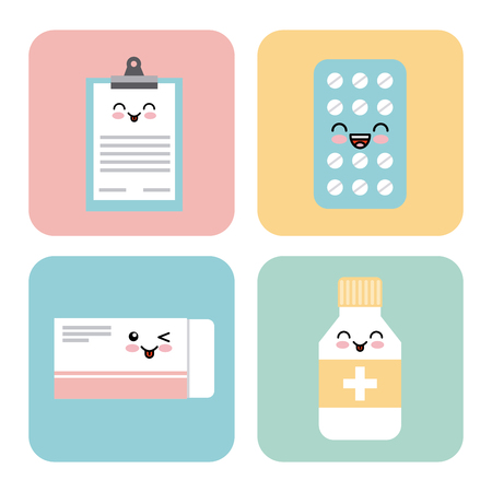 kawaii medicine icons over colorful squares and  white background. vector illustrationのイラスト素材