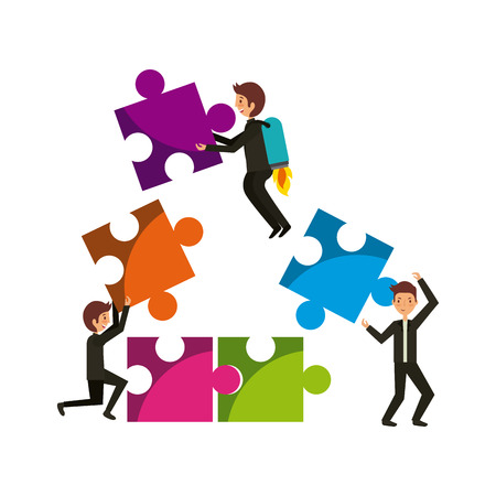 People with jigsaw puzzles over white background. teamwork concept. colorful design. vector illustrationのイラスト素材
