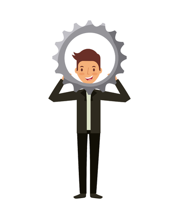 man holding a gear wheel over white background. teamwork concept. colorful design. vector illustrationのイラスト素材