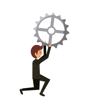 man holding a gear wheel over white background. teamwork concept. colorful design. vector illustrationのイラスト素材