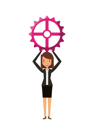 woman holding a gear wheel over white background. teamwork concept. colorful design. vector illustrationのイラスト素材