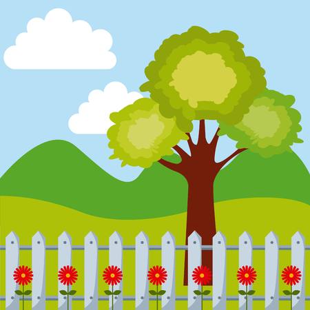 beautiful garden with flowers growing. colorful design. vector illustrationのイラスト素材