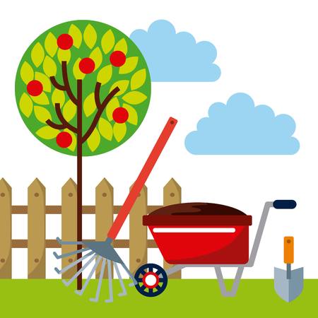 gardening equipment over landscape background. colorful design. vector illustrationのイラスト素材