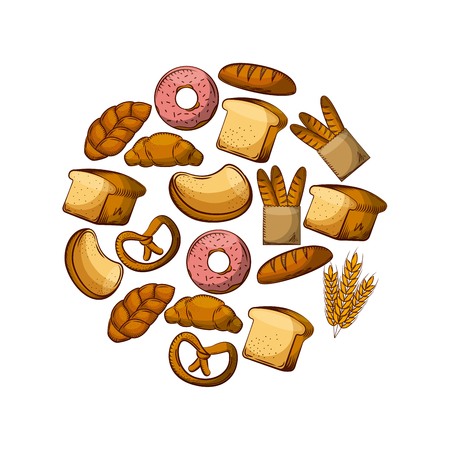 bakery products in circle shape over white background. colorful design. vector illustrationのイラスト素材