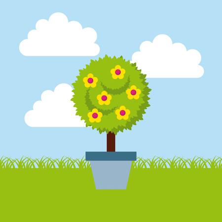 tree in a pot with beautiful flowers over landscape background. colorful design. vector illustrationのイラスト素材