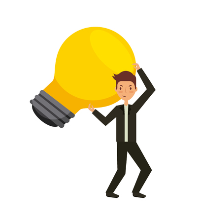 man holding a bulb light icon over white background. teamwork concept. colorful design. vector illustrationのイラスト素材