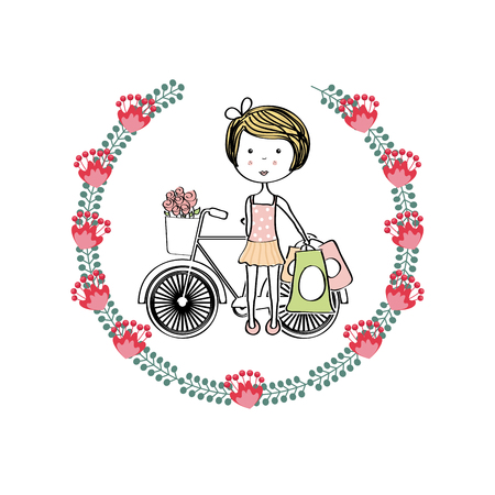 wreath of flowers and cute girl with a bicycle over white background. colorful design. vector illustrationのイラスト素材