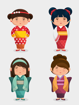 cute japanese girls group kawaii style vector illustration designのイラスト素材