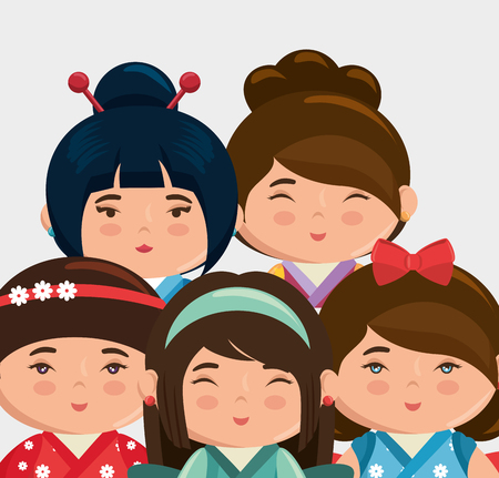 cute japanese girls group kawaii style vector illustration designのイラスト素材