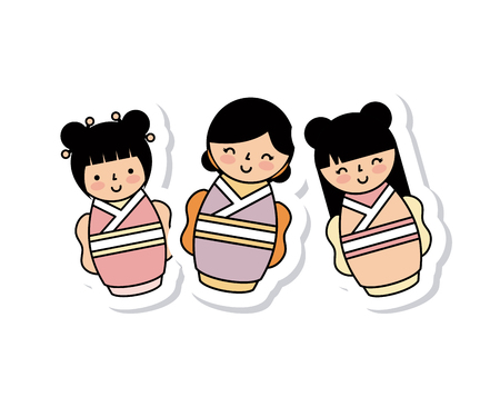 cute japanese girls with kimono over white background. colorful design. vector illustrationのイラスト素材