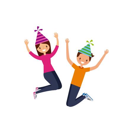 happy people with party hats over white background. colorful design. vector illustrationのイラスト素材