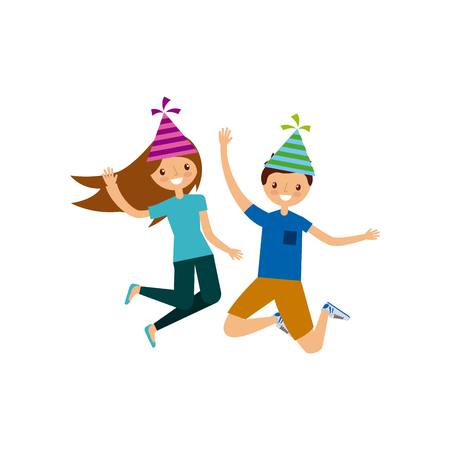 happy people with party hats over white background. colorful design. vector illustrationのイラスト素材