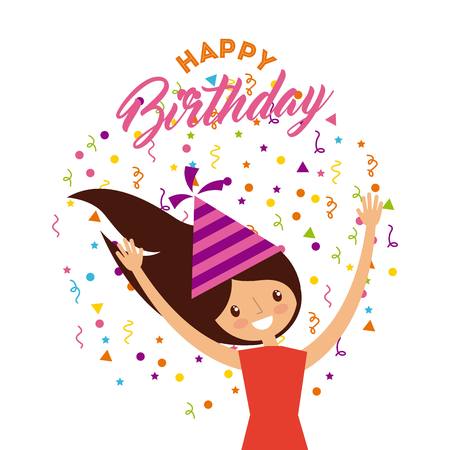 happy birthday card with girl wearing a party hat over white background. colorful design. vector illustrationのイラスト素材