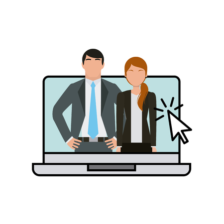 laptop computer with business couple over white background. colorful design. vector illustrationのイラスト素材