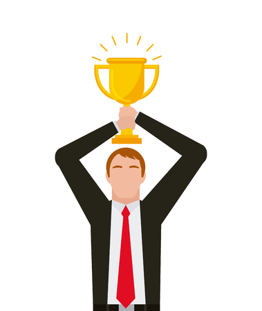 business man holding a trophy cartoon icon over white background. colorful design. vector illustrationのイラスト素材
