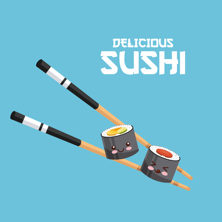 kawaii sushi and chopsticks over blue background. colorful design. vector illustrationのイラスト素材