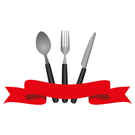 Set cutlery tools icons vector illustration design with red ribbonのイラスト素材