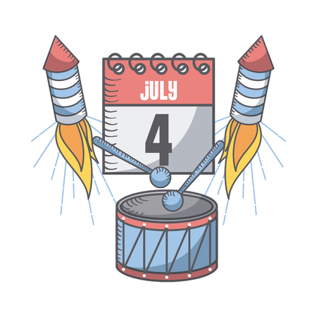 Drums, fireworks rockets and calendar, USA independence day related icons.のイラスト素材