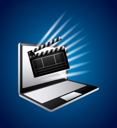 Clapboard and computer icon over blue colorful design illustration.のイラスト素材