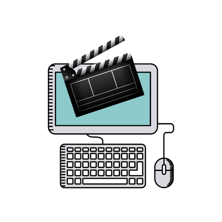 clapboard and computer icon over white colorful design illustration.のイラスト素材
