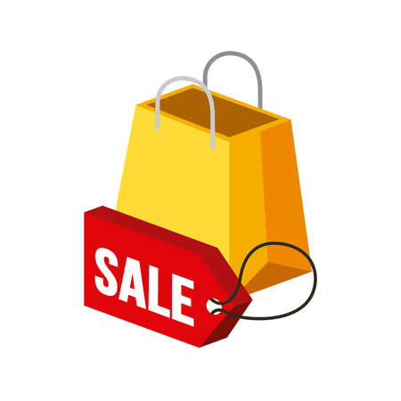Shopping bag and sale tag isometric icon over colorful design illustration.のイラスト素材