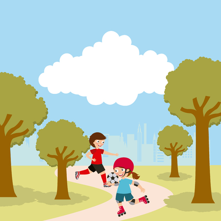 Girl riding skates, cartoon icon over landscape background. colorful design. vector illustrationのイラスト素材