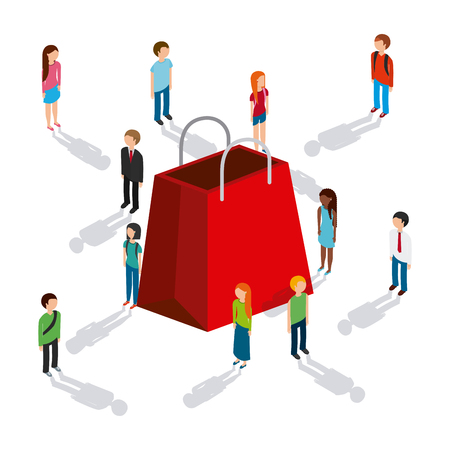 shopping bag and people, isometric icons over white background. colorful design. vector illustrationのイラスト素材