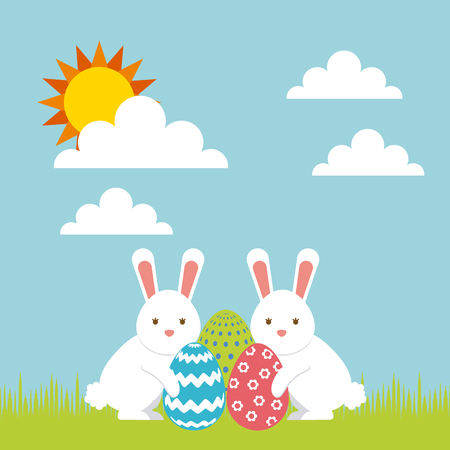 rabbits and easter eggs over blue background. colorful design. vector illustrationのイラスト素材