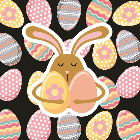 rabbit and easter eggs over black background.のイラスト素材