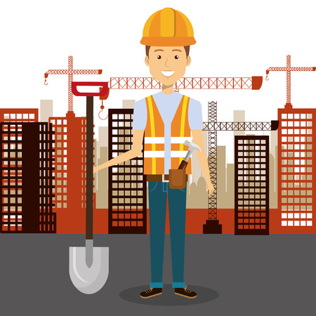 professional construction man character with cityscape background vector illustration designのイラスト素材