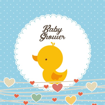 baby shower card with cute duck icon and decorative hearts. colorful design. vector illustrationのイラスト素材